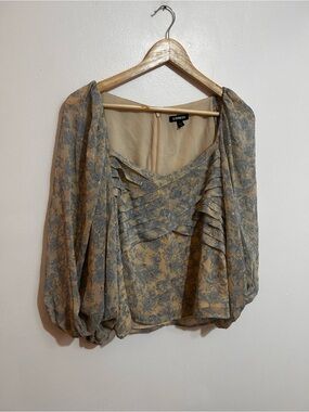Express Floral Pleated Square-Neck Blouse in Beige and Blue